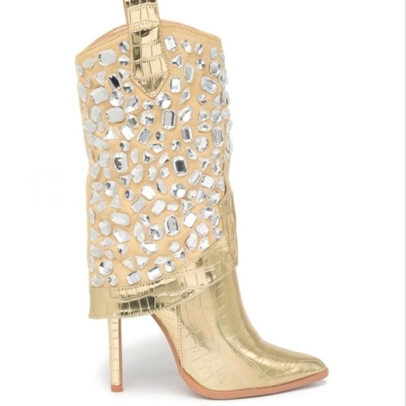 NEW! LAUREN LORRAINE Hana Mettalic Gold Embellished Stiletto Heel Cowboy Boots 6 - Picture 1 of 10